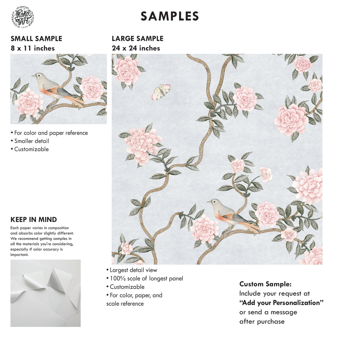 L’Atelier Botanique Chinoiserie Revival Wallpaper Mural in Silver Blue