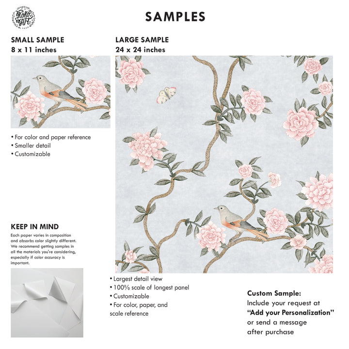 L’Atelier Botanique Chinoiserie Revival Wallpaper Mural in Silver Blue