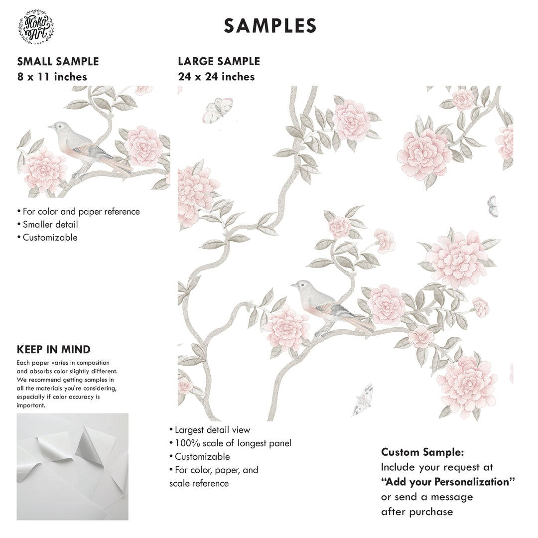 L’Atelier Botanique Chinoiserie Revival Wallpaper Mural in Light Neutral