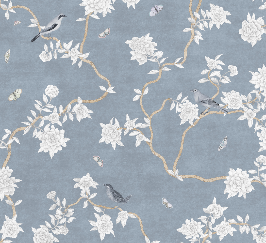 L’Atelier Botanique Chinoiserie Revival Wallpaper Mural in Denim Blue