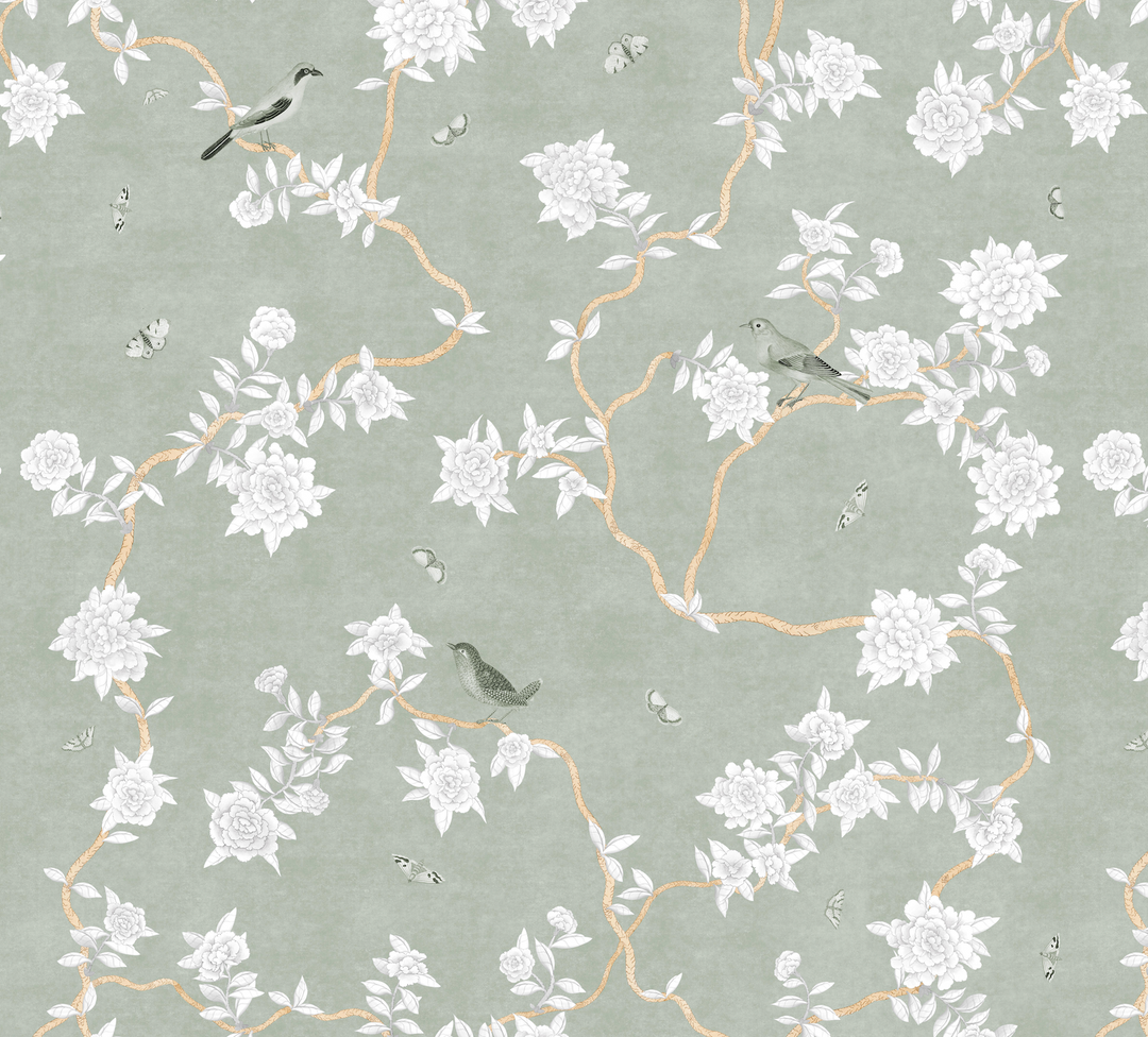 L’Atelier Botanique Chinoiserie Revival Wallpaper Mural in Sage Meadow