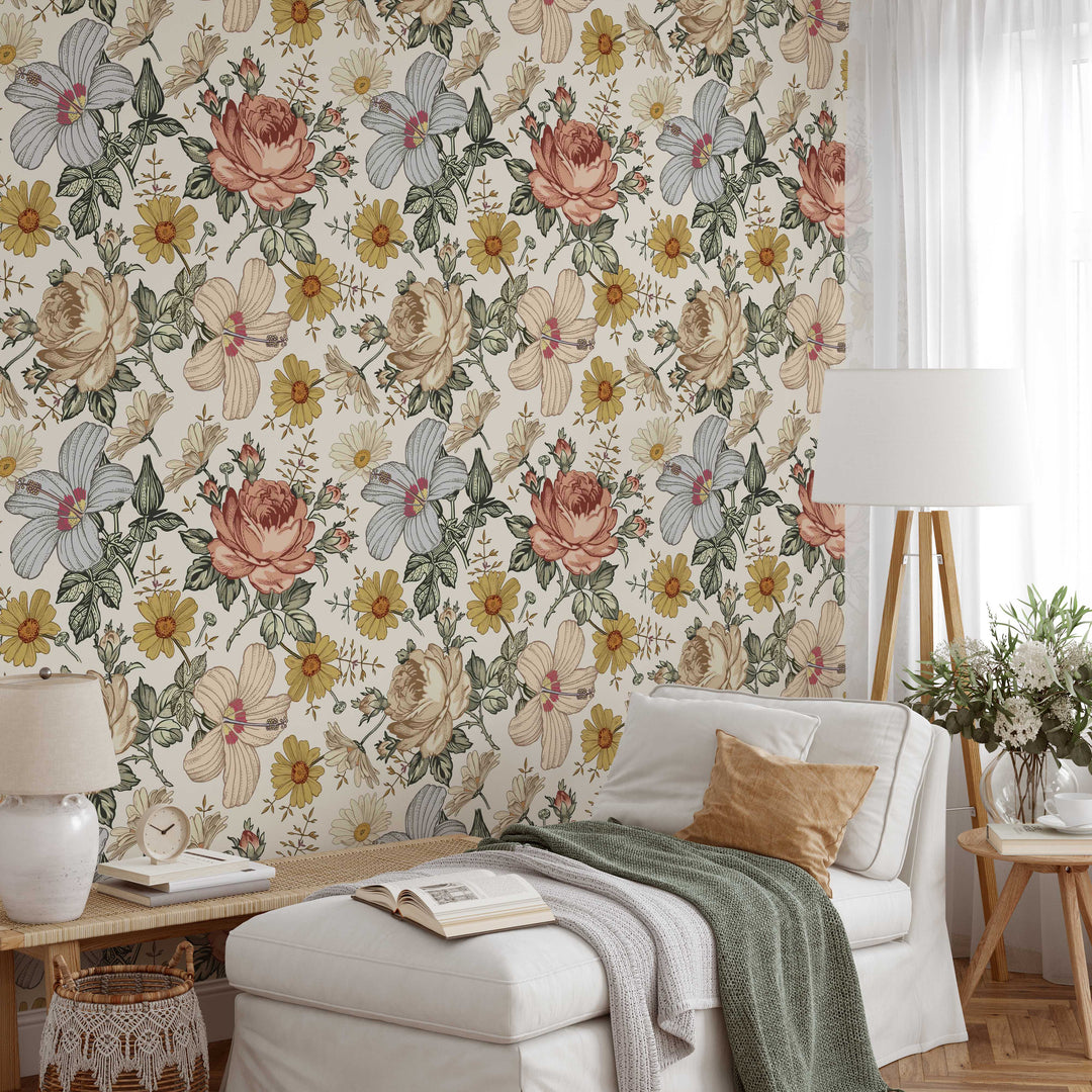 Vintage Floral Wallpaper | Peel and Stick Wallpaper | Koko Art Shop