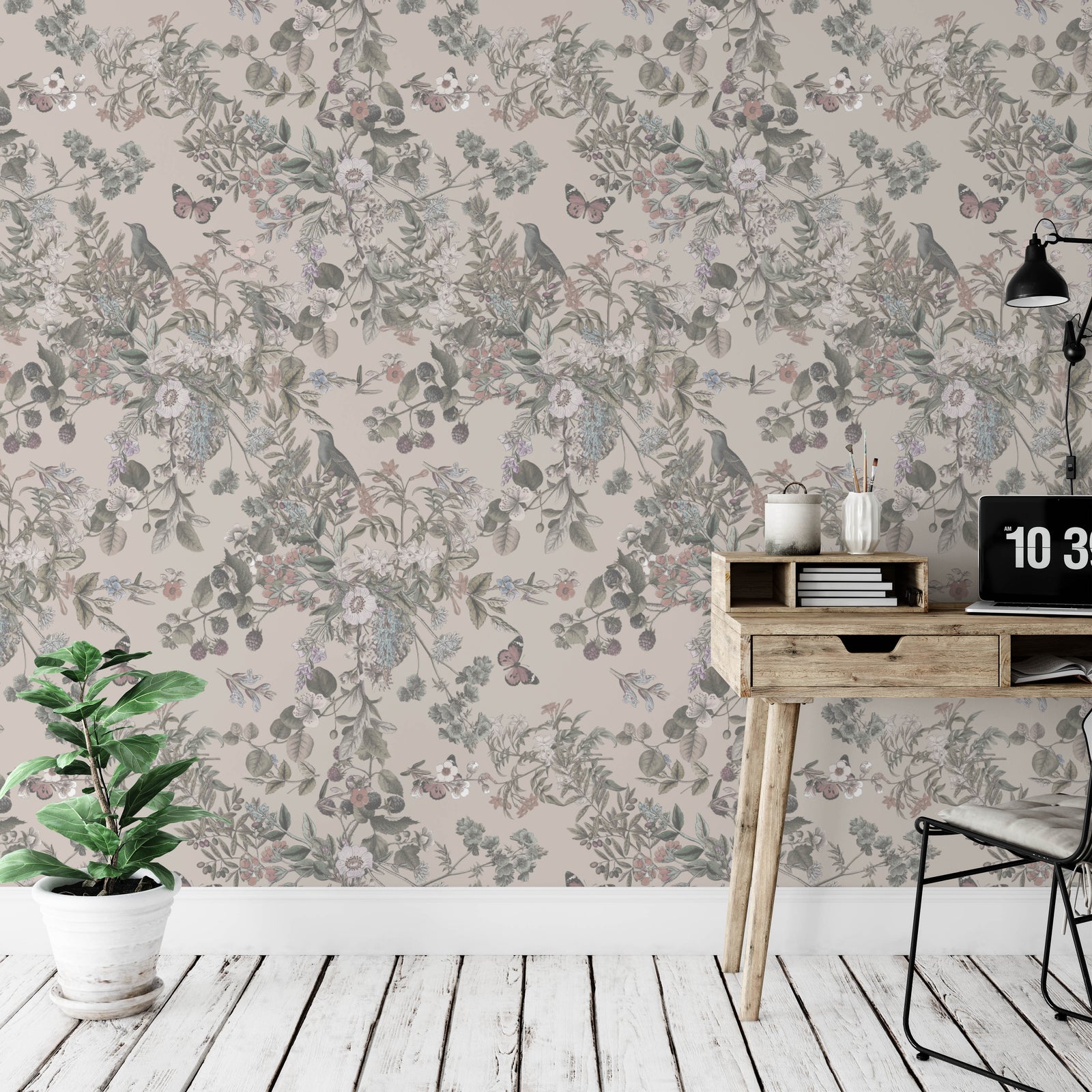 Light Tan Vintage Botanical Wildflowers Wallpaper - Studio Exclusive