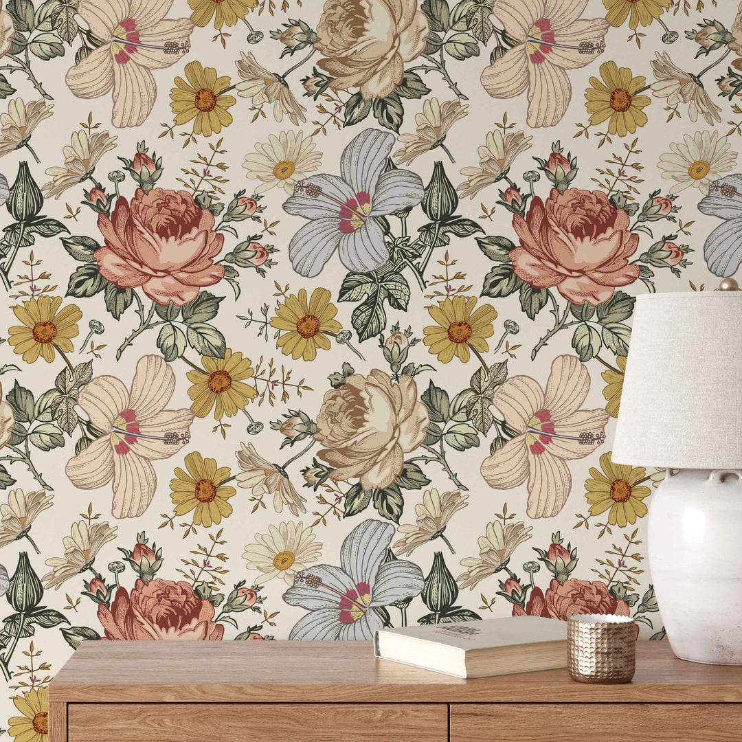Vintage Floral Wallpaper | Peel and Stick Wallpaper | Koko Art Shop
