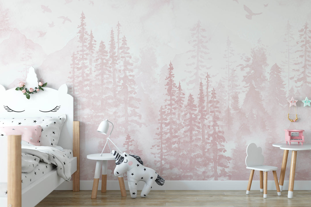 Girly Winter Forest in Pink Mural