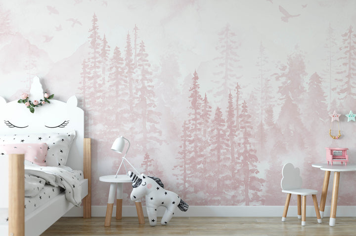 Girly Winter Forest in Pink Mural