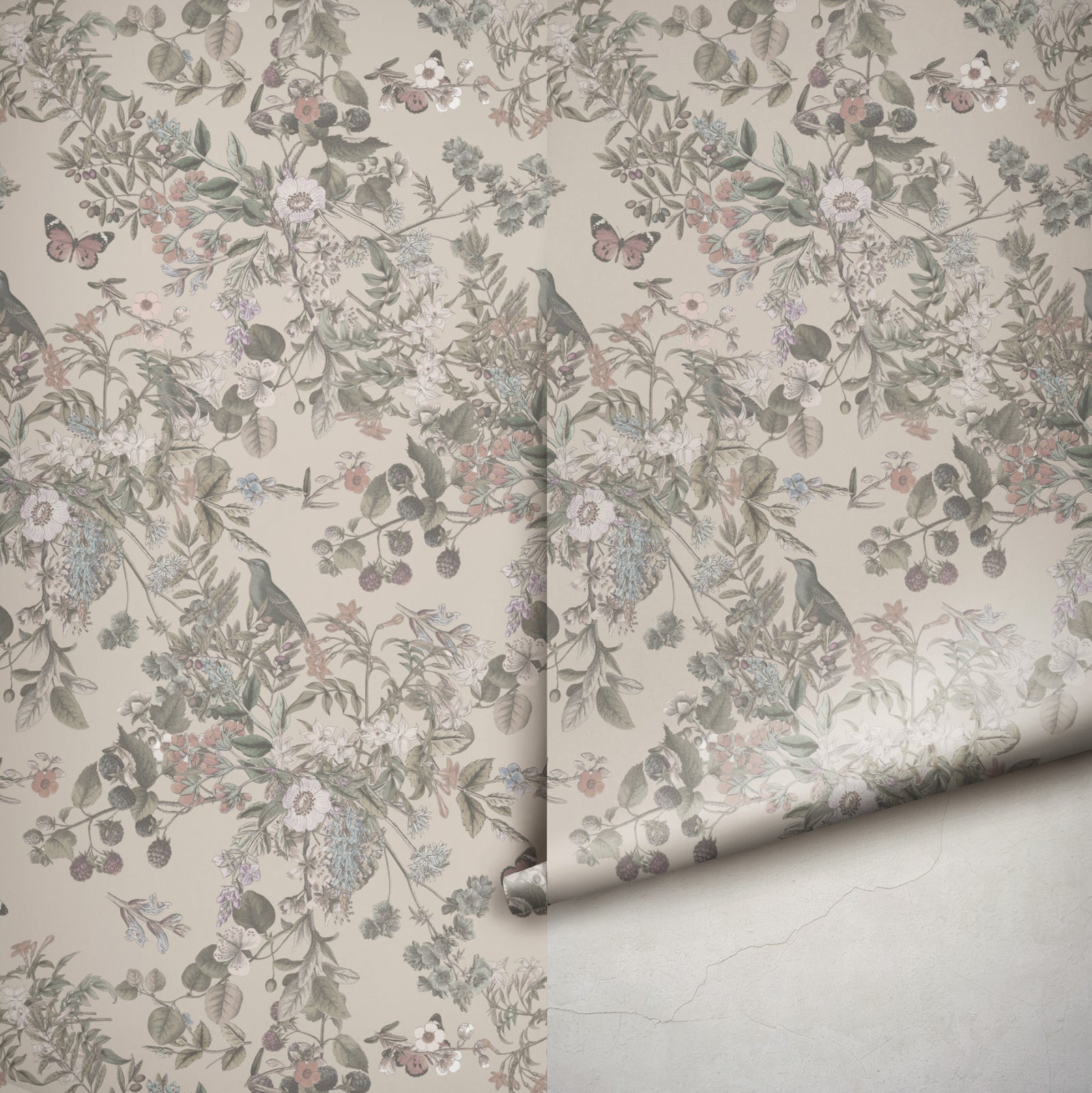 Light Tan Vintage Botanical Wildflowers Wallpaper - Studio Exclusive