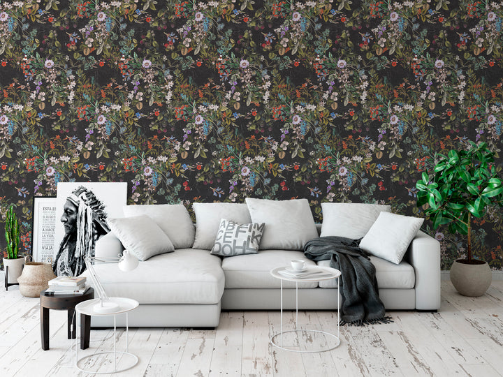 Vintage Botanical Dark Gray Floral Distressed Peel and Stick Removable Self Adhesive Wallpaper A049
