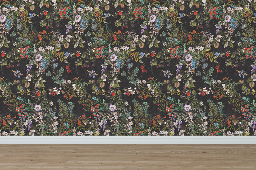 Vintage Botanical Dark Gray Floral Distressed Peel and Stick Removable Self Adhesive Wallpaper A049