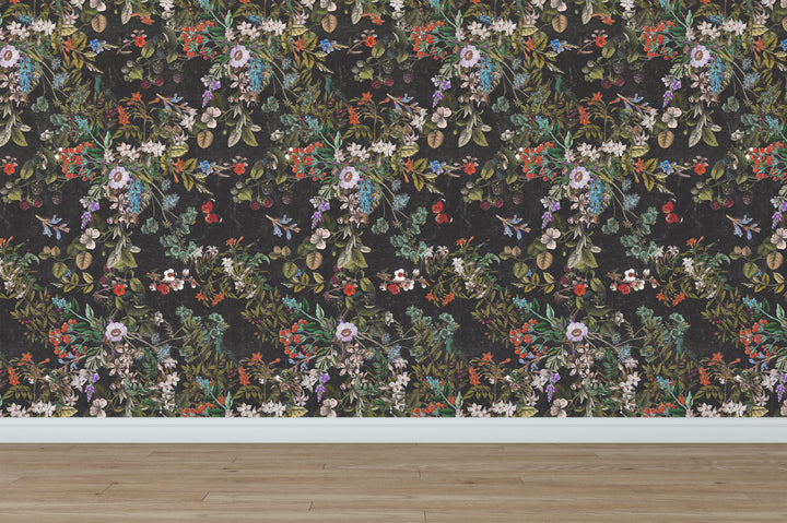Vintage Botanical Dark Gray Floral Distressed Peel and Stick Removable Self Adhesive Wallpaper A049