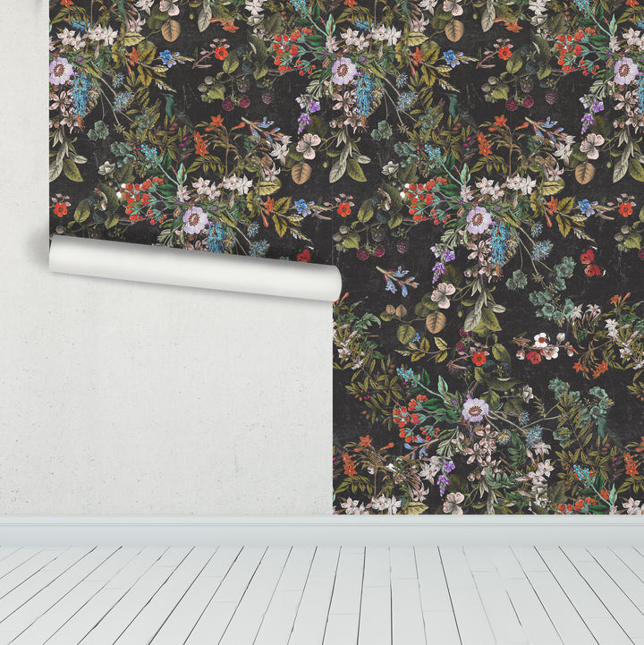 Vintage Botanical Dark Gray Floral Distressed Peel and Stick Removable Self Adhesive Wallpaper A049