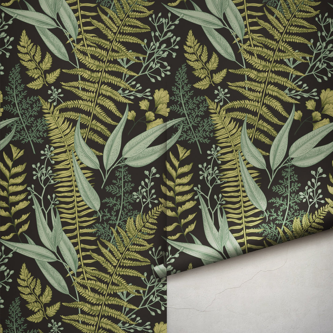 Natural Botanical Foliage with Ferns and Leaves Wallpaper Self Adhesive Peel and Stick Wallpaper A083