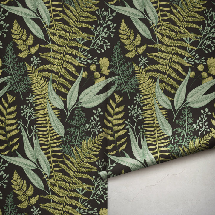 Natural Botanical Foliage with Ferns and Leaves Wallpaper Self Adhesive Peel and Stick Wallpaper A083