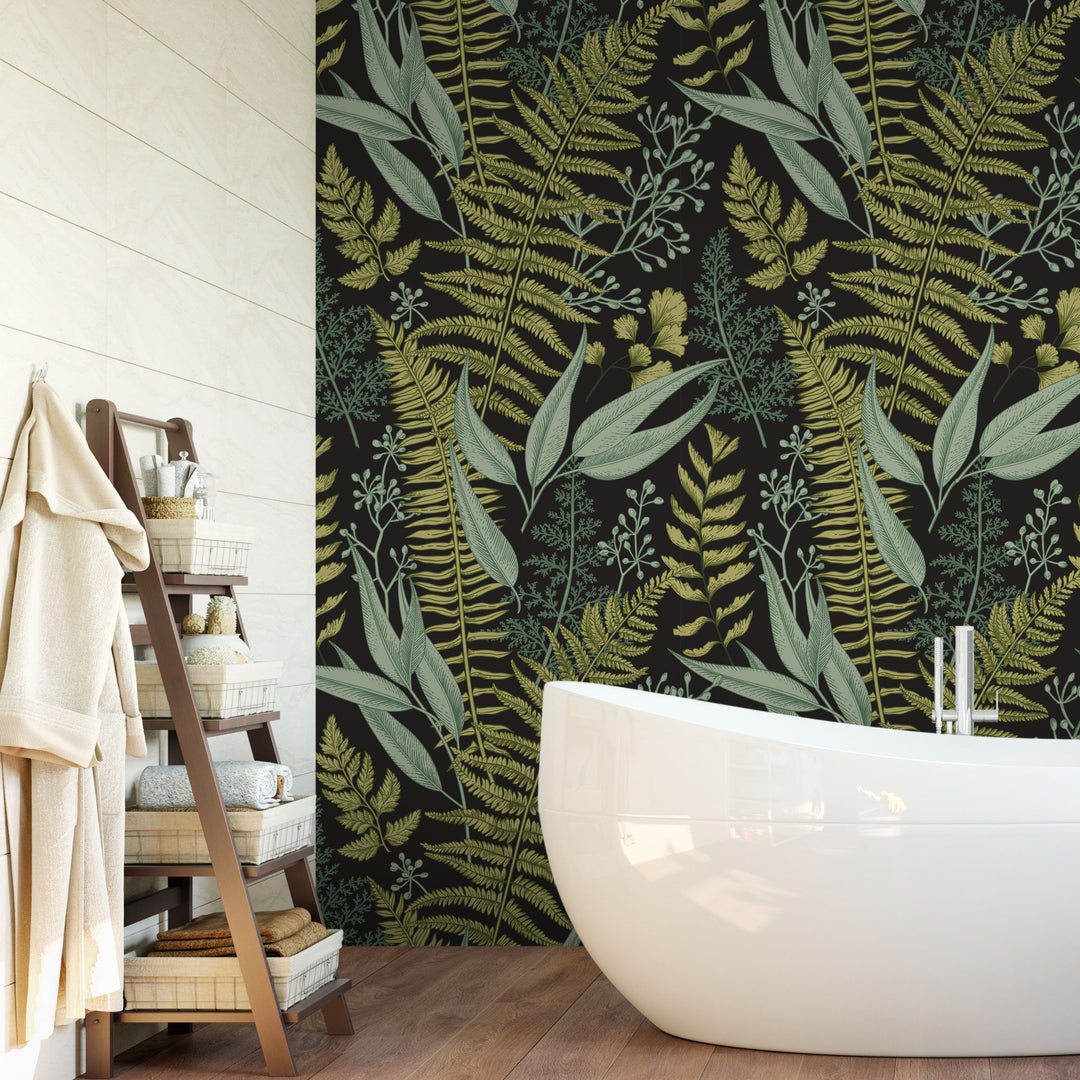 Natural Botanical Foliage with Ferns and Leaves Wallpaper Self Adhesive Peel and Stick Wallpaper A083