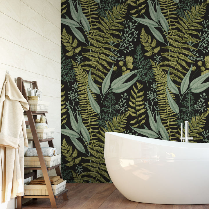 Natural Botanical Foliage with Ferns and Leaves Wallpaper Self Adhesive Peel and Stick Wallpaper A083