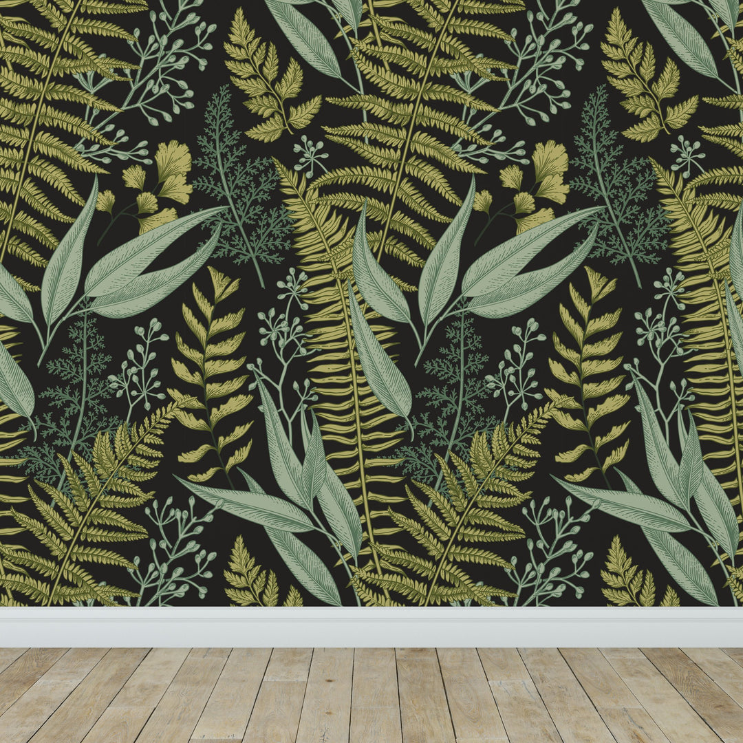 Natural Botanical Foliage with Ferns and Leaves Wallpaper Self Adhesive Peel and Stick Wallpaper A083