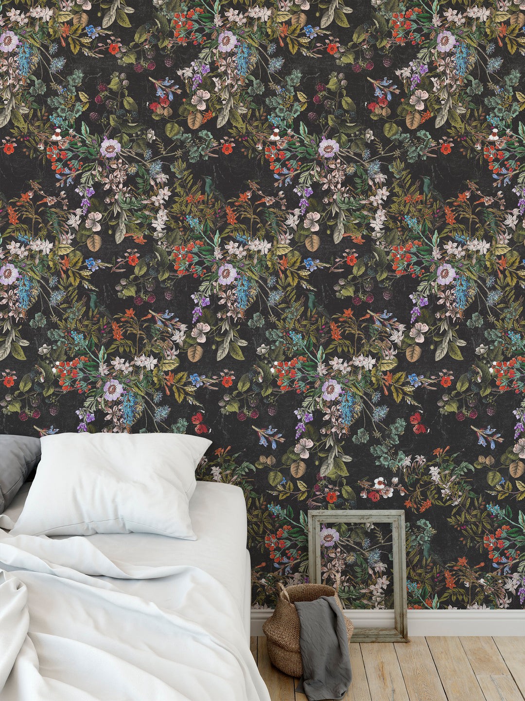 Vintage Botanical Dark Gray Floral Distressed Peel and Stick Removable Self Adhesive Wallpaper A049