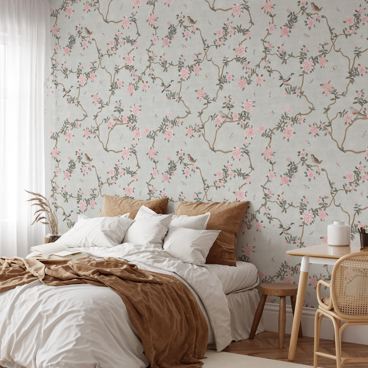 Mural Le Tariche Chinoiserie en neutro y rosa