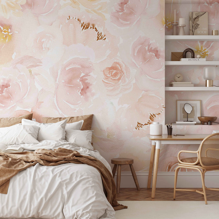 Soft Blush Watercolor Peony Mural | Large Scale Floral Bouquet Girl Nursery Wallpaper