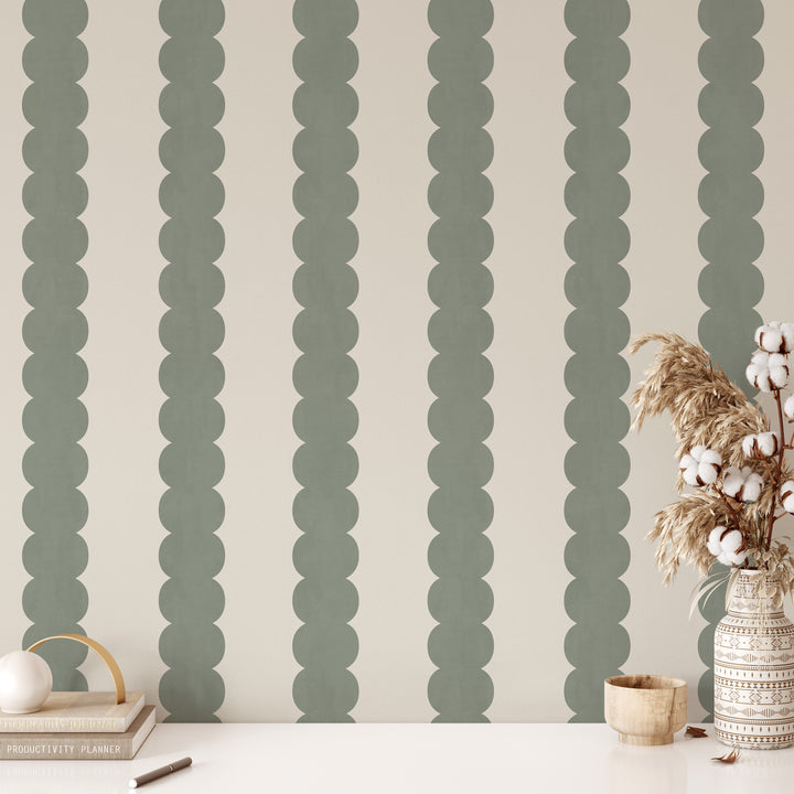Pebble Column Stripe Wallpaper in Tate Olive and Light Cream