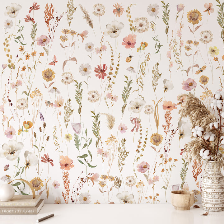 Watercolor Soft Wild Flowers Wallpaper Mural | Delicate Boho Floral Girl Nursery Wallpaper