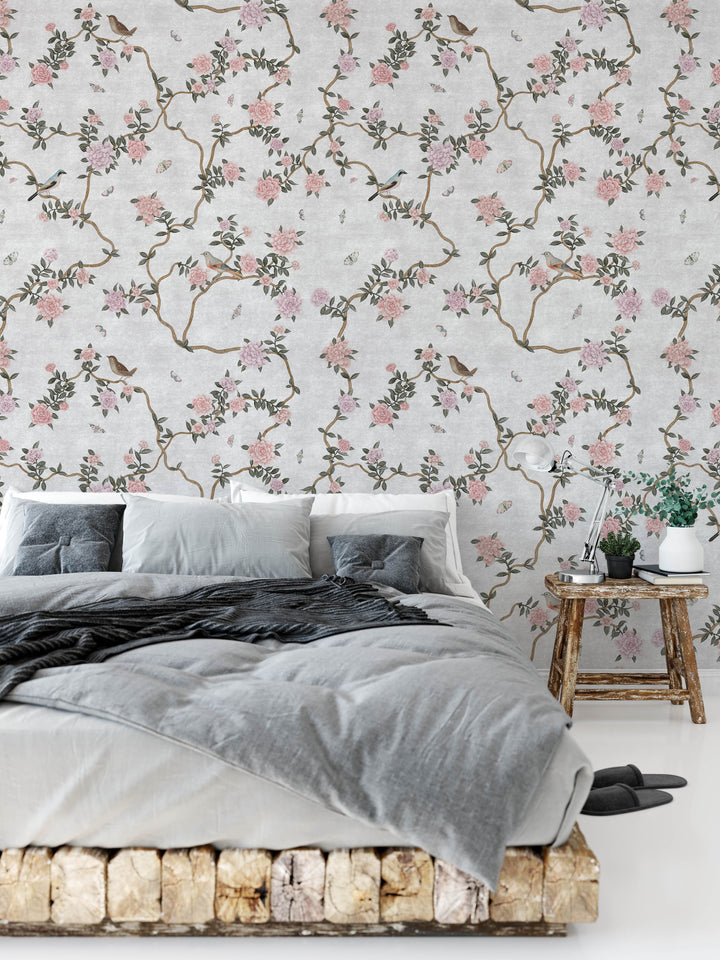 L’Atelier Botanique Chinoiserie Revival Wallpaper Mural in Gray Fog