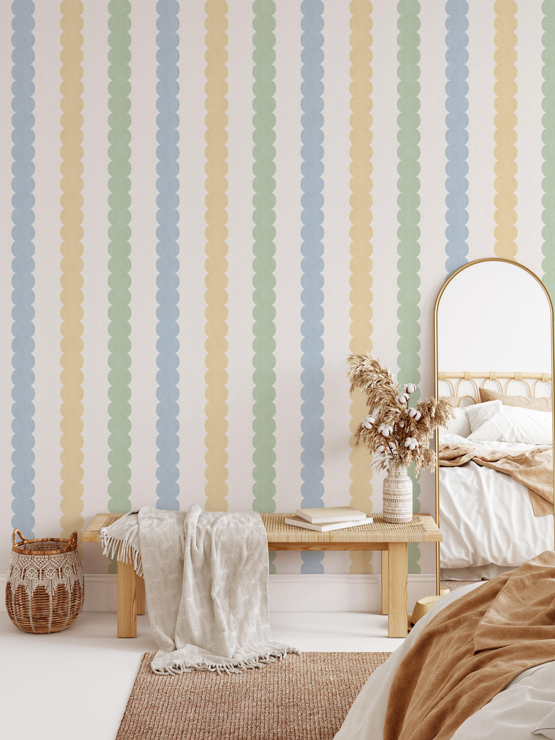 Pebble Column Stripe Wallpaper - Blue, Yellow, Green on Cream