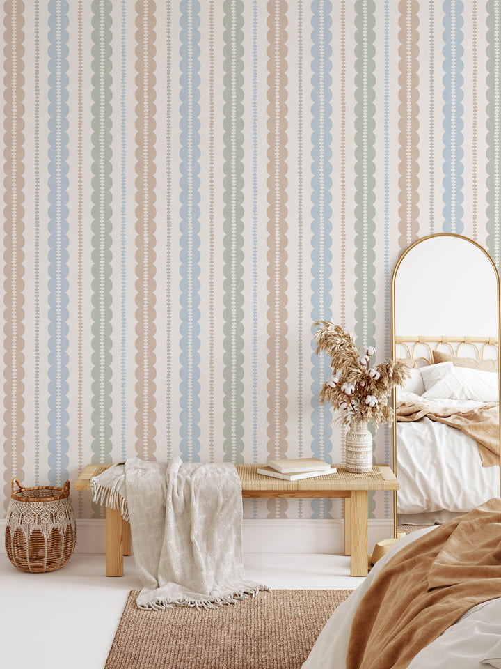 Pebble Column Stripe and Ribbon Wallpaper - Nude, Blue, Sage on Cream