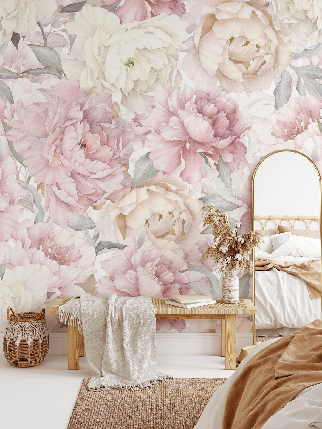 Muted Blush Watercolor Peony Garden Mural | Large Scale Floral Girl Nursery Wallpaper
