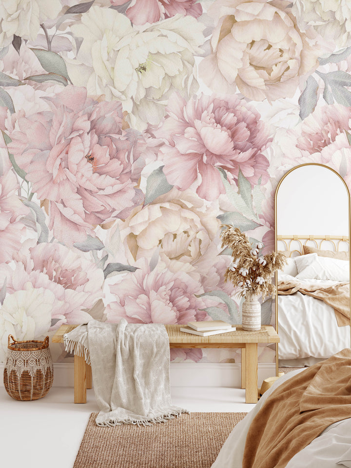 Muted Blush Watercolor Peony Garden Mural | Large Scale Floral Girl Nursery Wallpaper