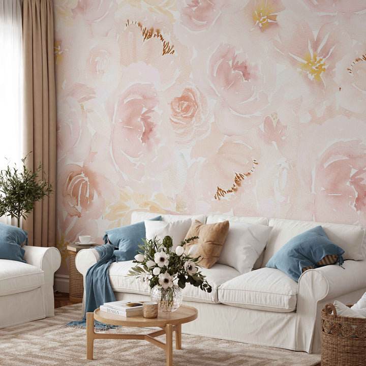 Soft Blush Watercolor Peony Mural | Large Scale Floral Bouquet Girl Nursery Wallpaper