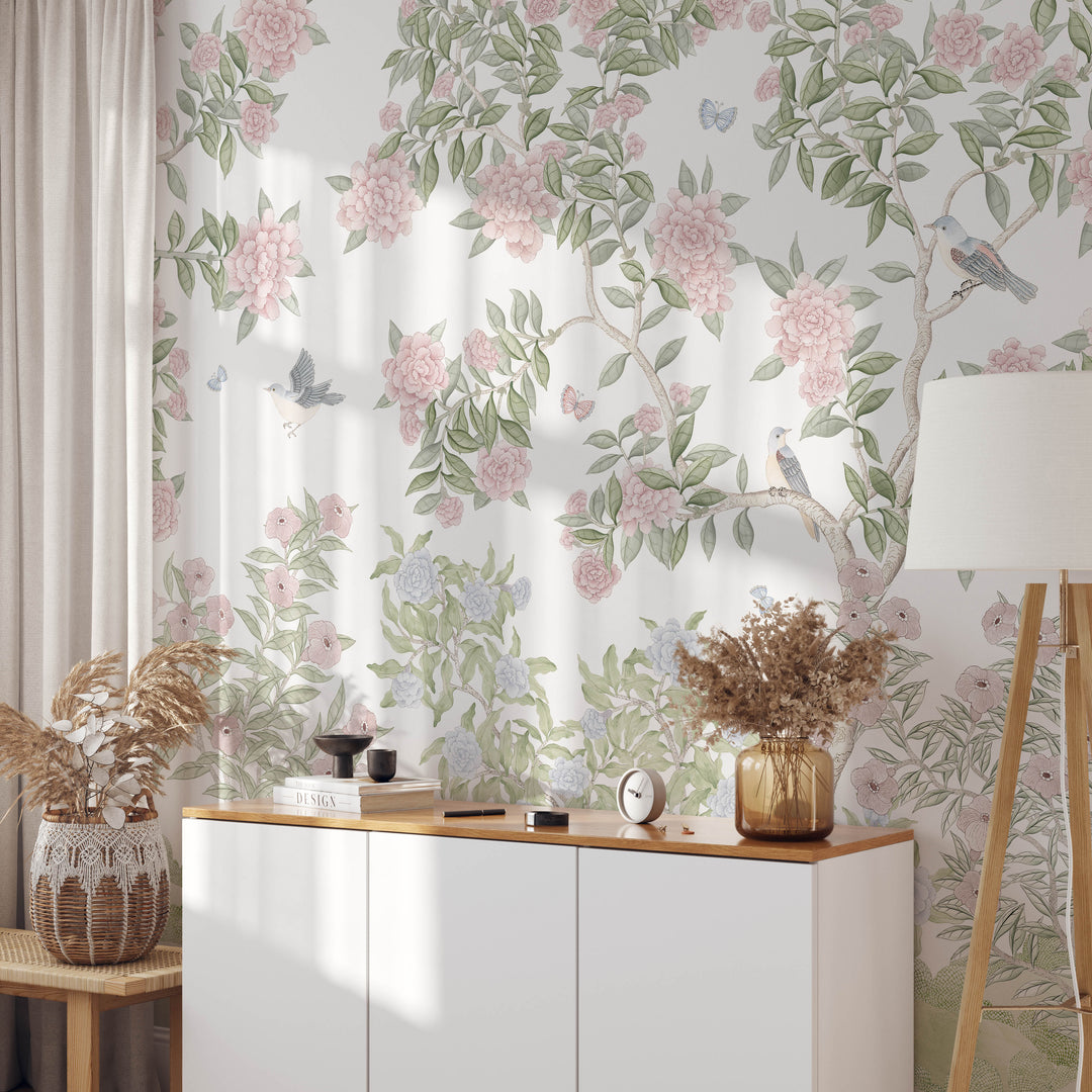 Mural Le Tariche Chinoiserie en neutro y rosa