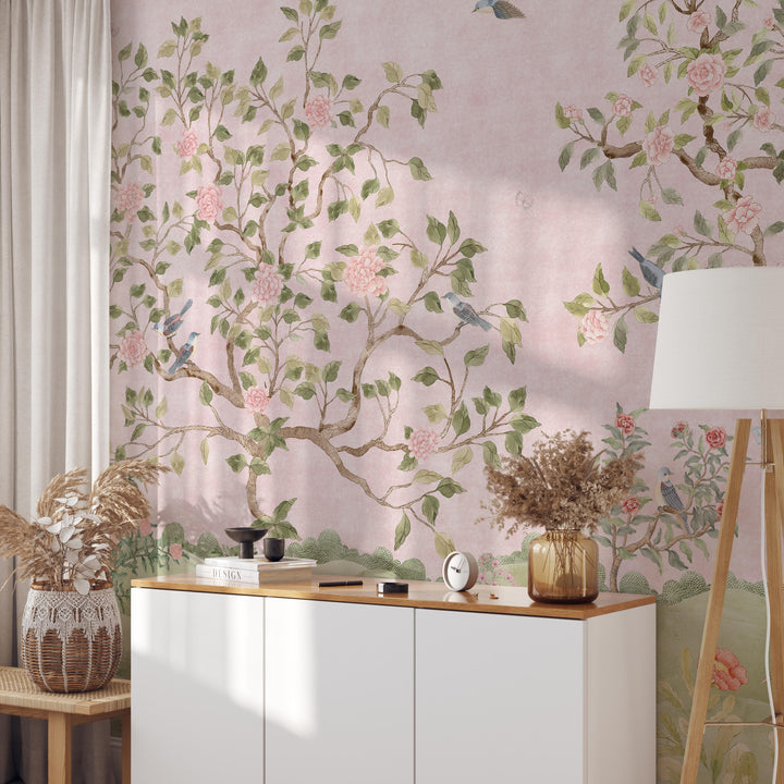 Mural Le Tariche Chinoiserie en neutro y rosa