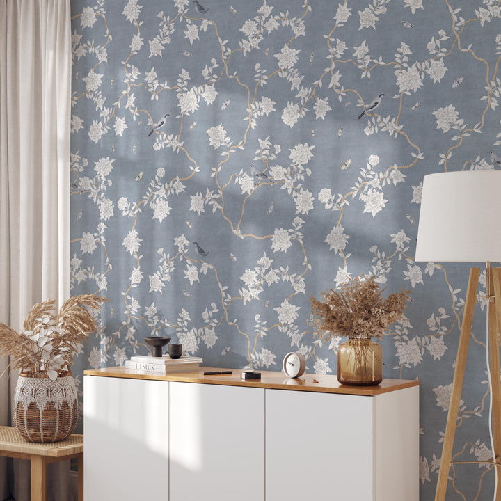 L’Atelier Botanique Chinoiserie Revival Wallpaper Mural in Denim Blue