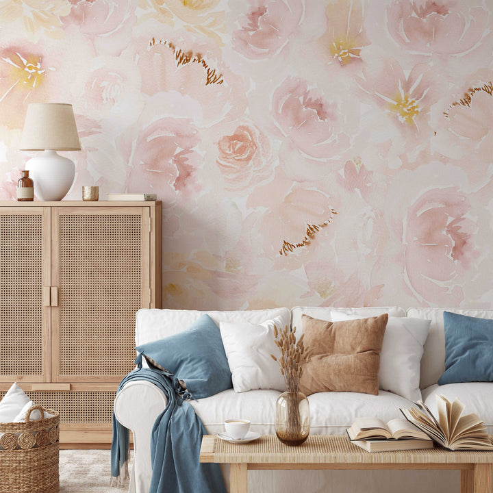 Soft Blush Watercolor Peony Mural | Large Scale Floral Bouquet Girl Nursery Wallpaper