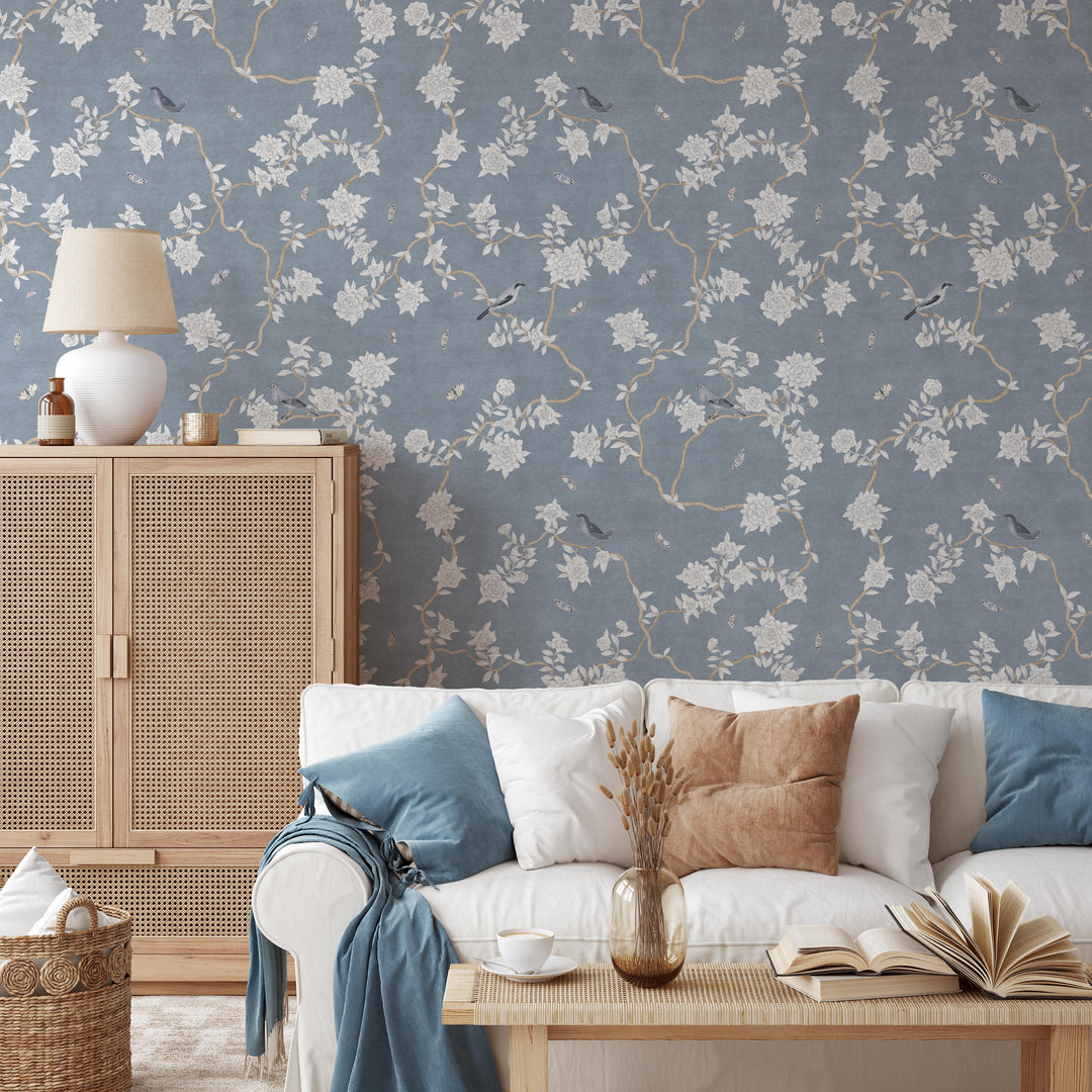 L’Atelier Botanique Chinoiserie Revival Wallpaper Mural in Denim Blue