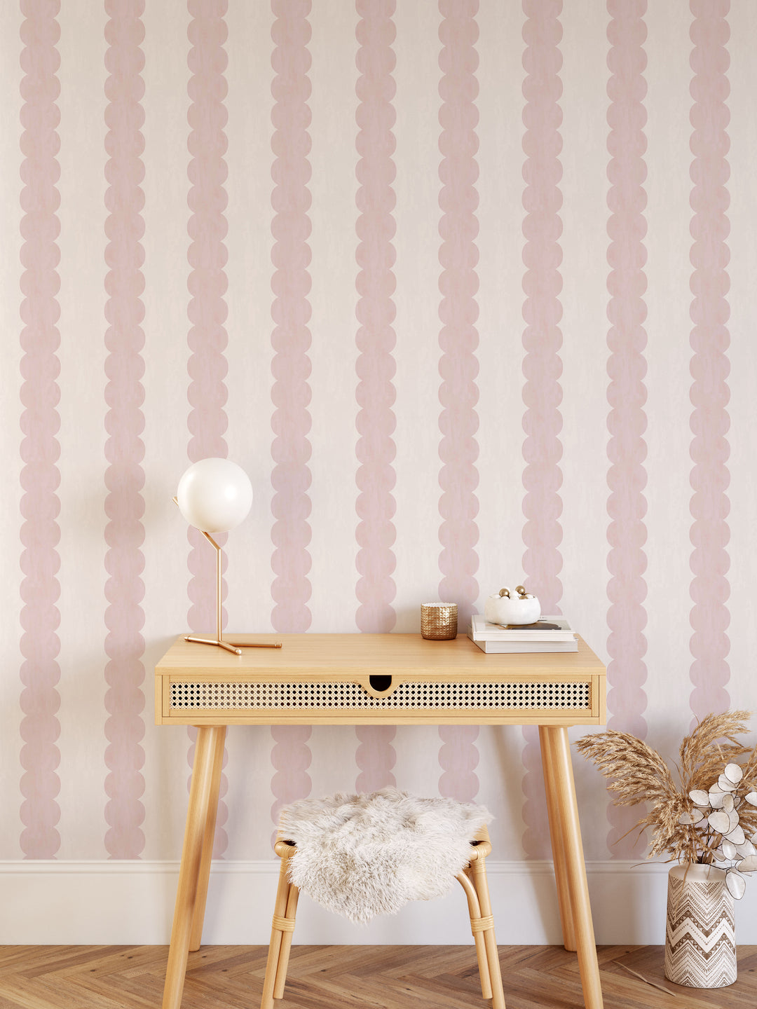 Pebble Column Stripe Wallpaper in Pink and Light Cream