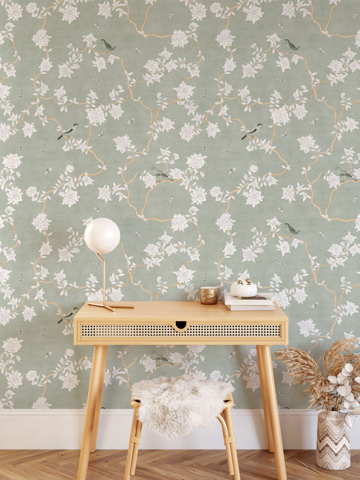 Mural Le Tariche Chinoiserie en neutro y rosa