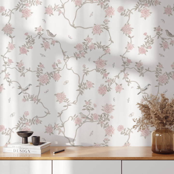 Mural Le Tariche Chinoiserie en neutro y rosa