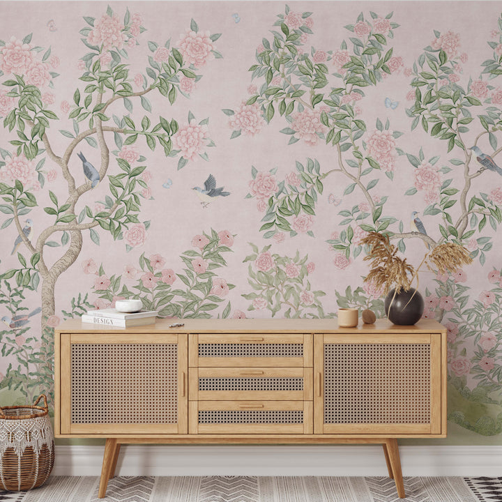 Mural Le Tariche Chinoiserie en neutro y rosa