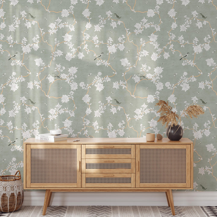 Mural Le Tariche Chinoiserie en neutro y rosa