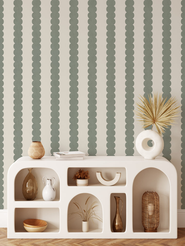 Pebble Column Stripe Wallpaper in Tate Olive and Light Cream