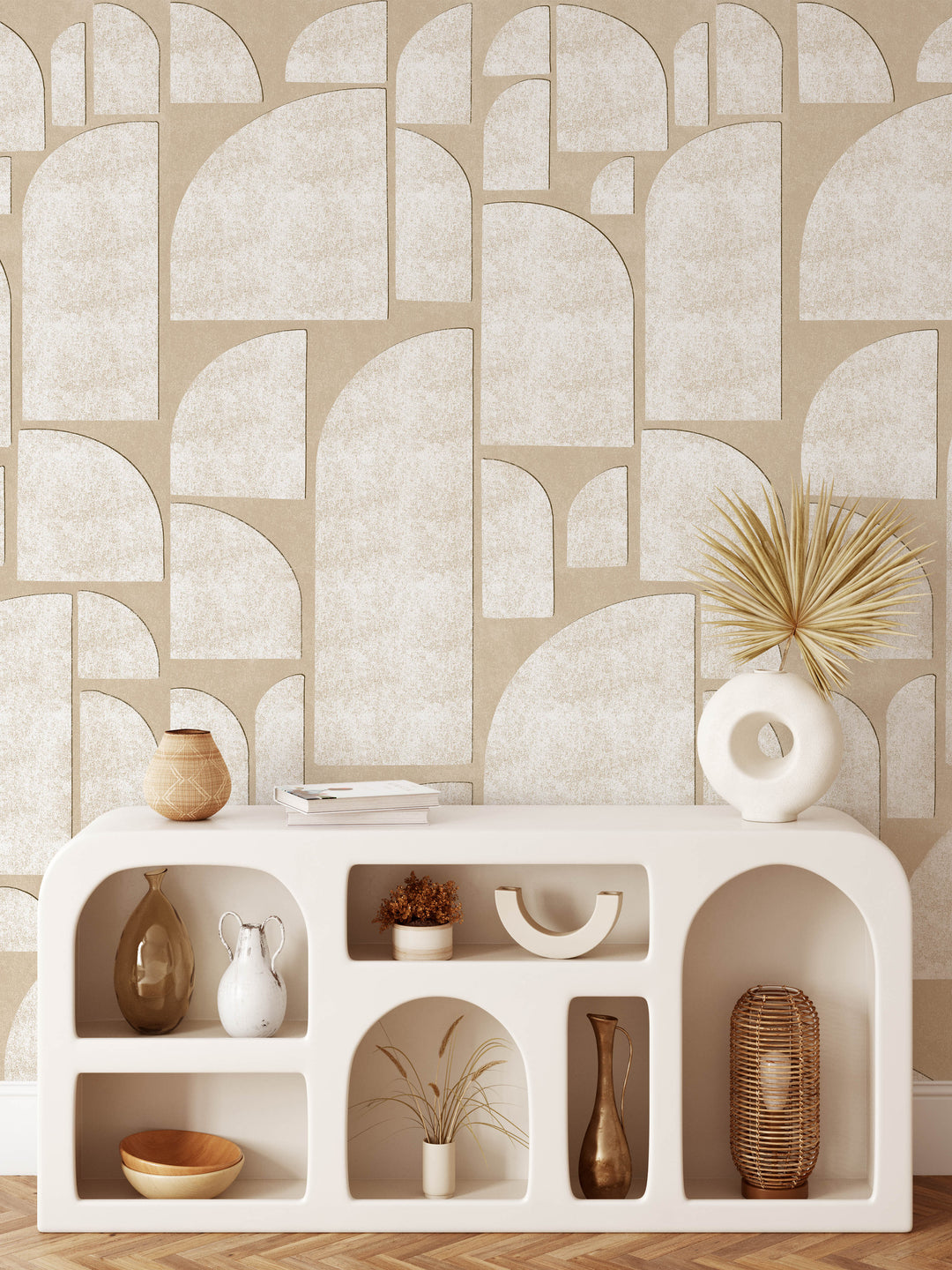 Abstract Geometric Semi Arch Shapes Mural in Neutral and White