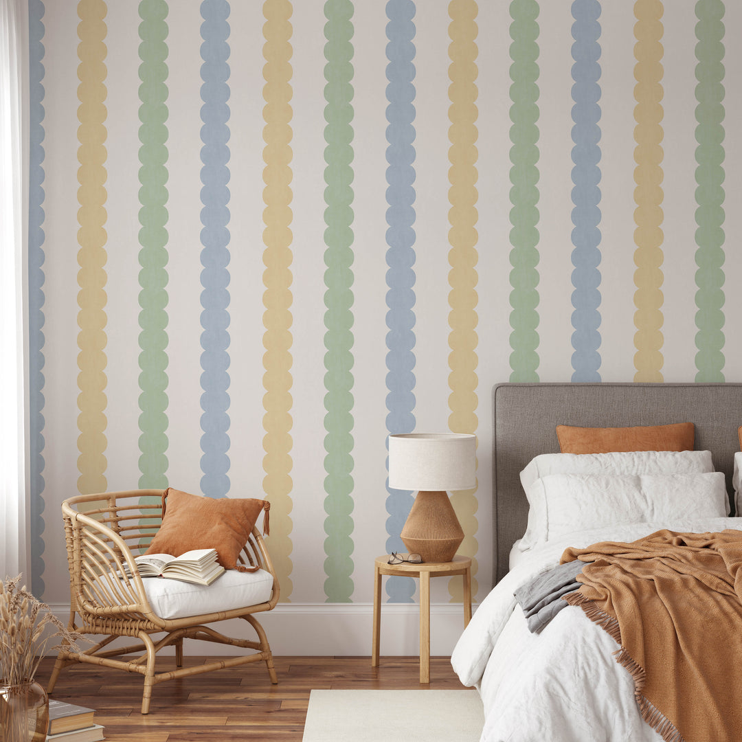Pebble Column Stripe Wallpaper - Blue, Yellow, Green on Cream