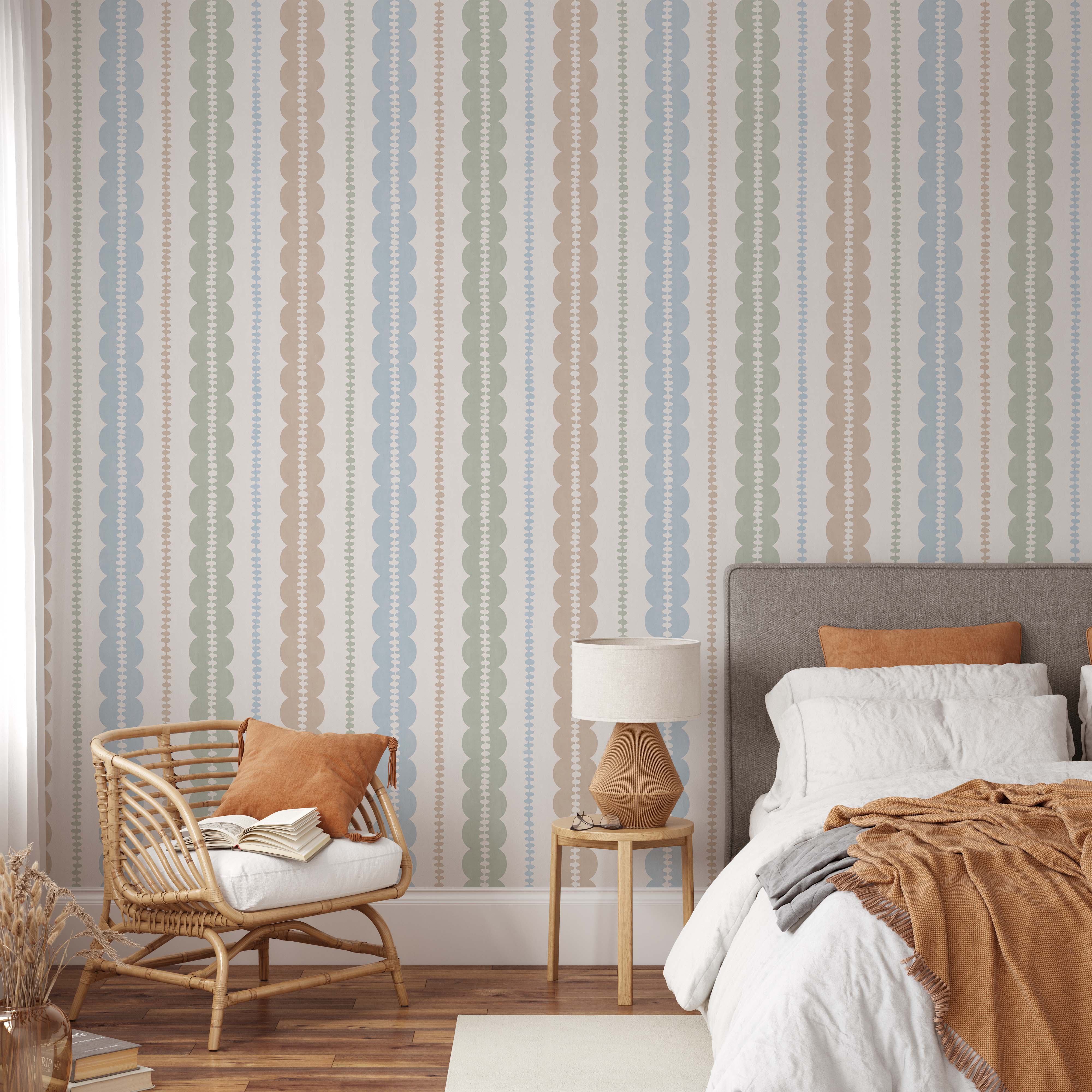 Pebble Column Stripe and Ribbon Wallpaper - Nude, Blue, Sage on Cream ...