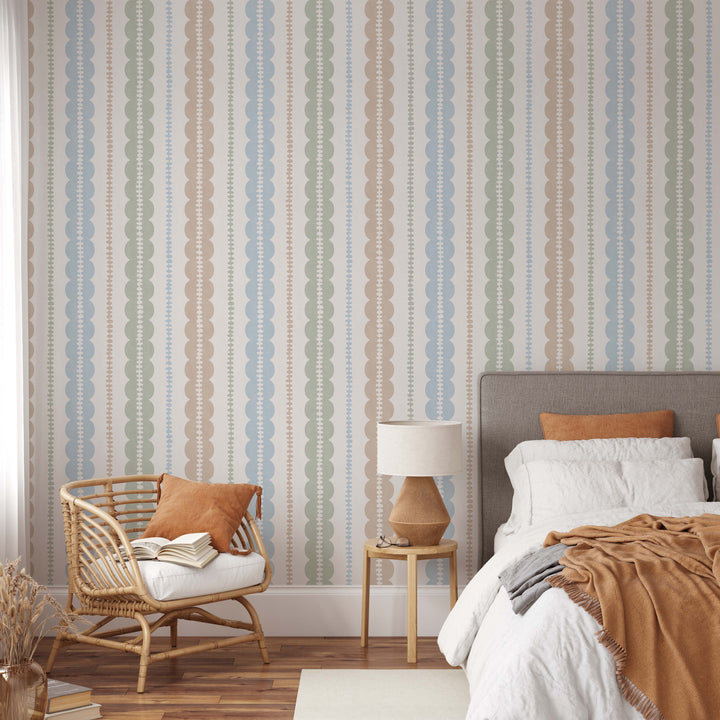 Pebble Column Stripe and Ribbon Wallpaper - Nude, Blue, Sage on Cream