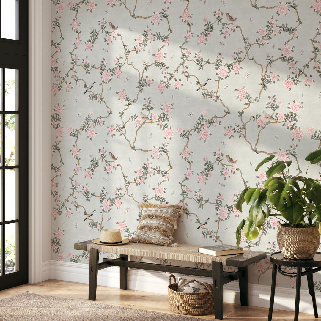 Mural Le Tariche Chinoiserie en neutro y rosa