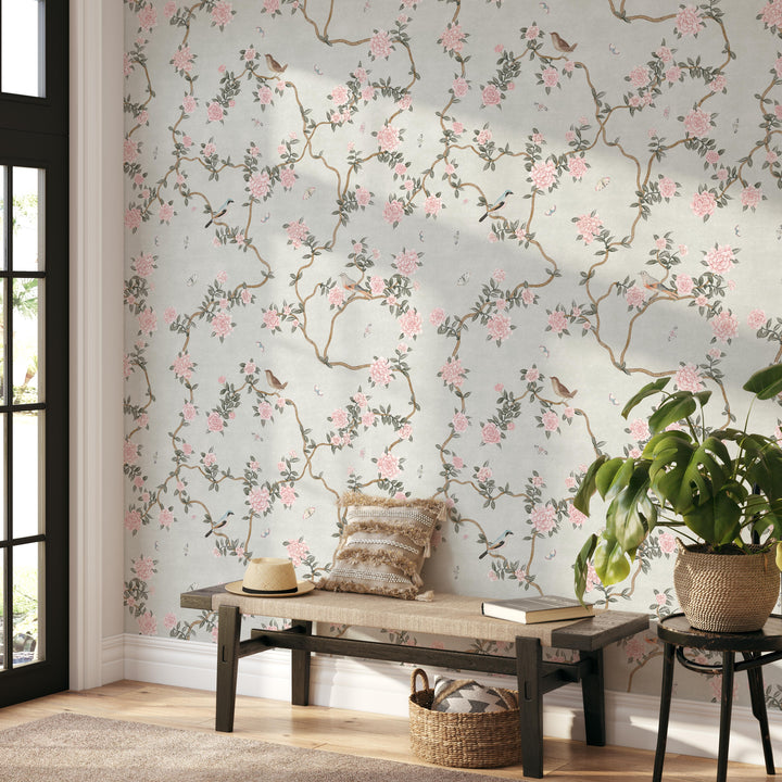 Mural Le Tariche Chinoiserie en neutro y rosa