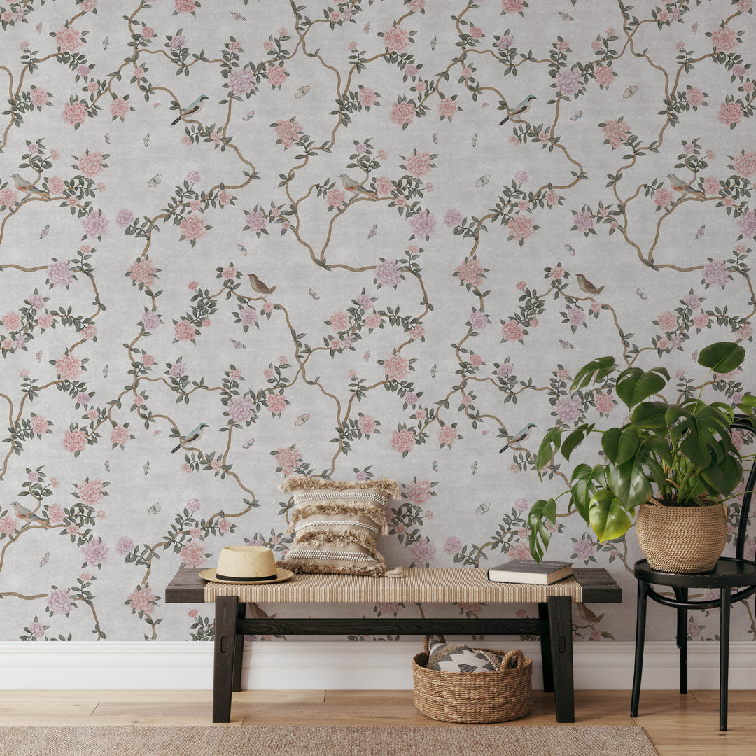 L’Atelier Botanique Chinoiserie Revival Wallpaper Mural in Gray Fog