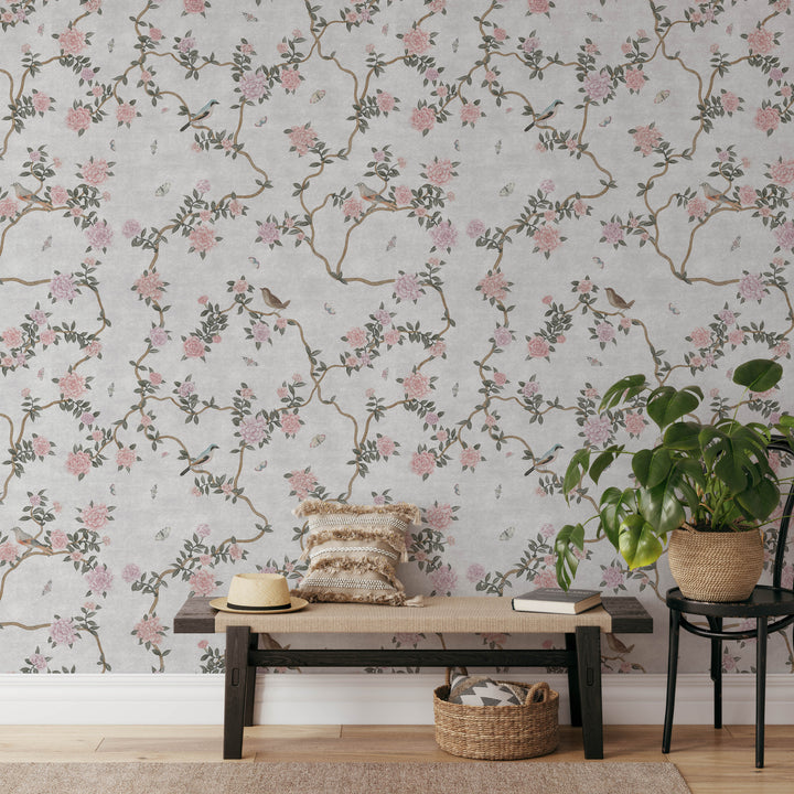 L’Atelier Botanique Chinoiserie Revival Wallpaper Mural in Gray Fog